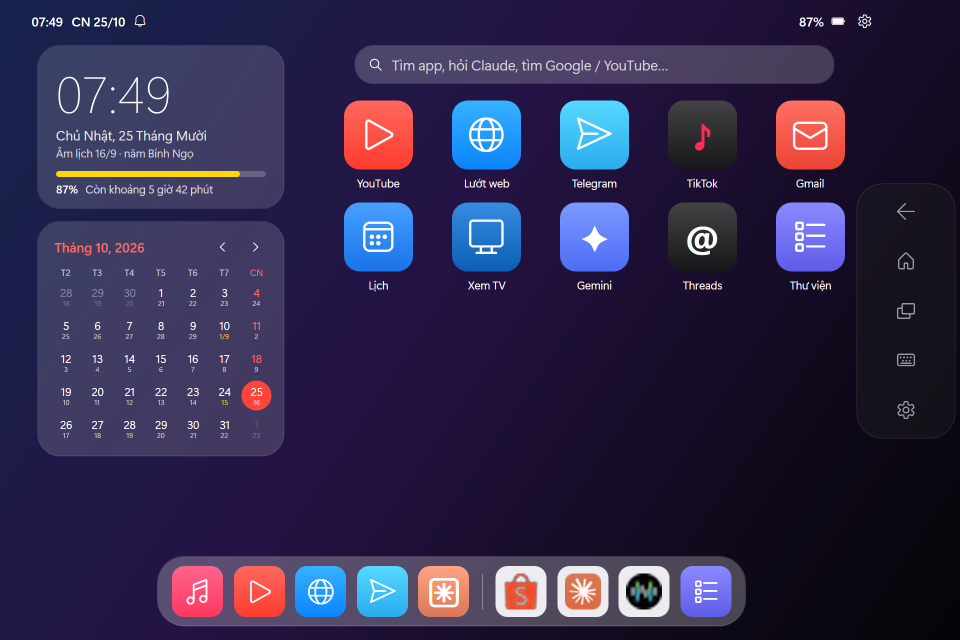 Màn hình chính: đồng hồ, pin, lịch âm, icon ứng dụng, Dock và thanh điều hướng — Home screen